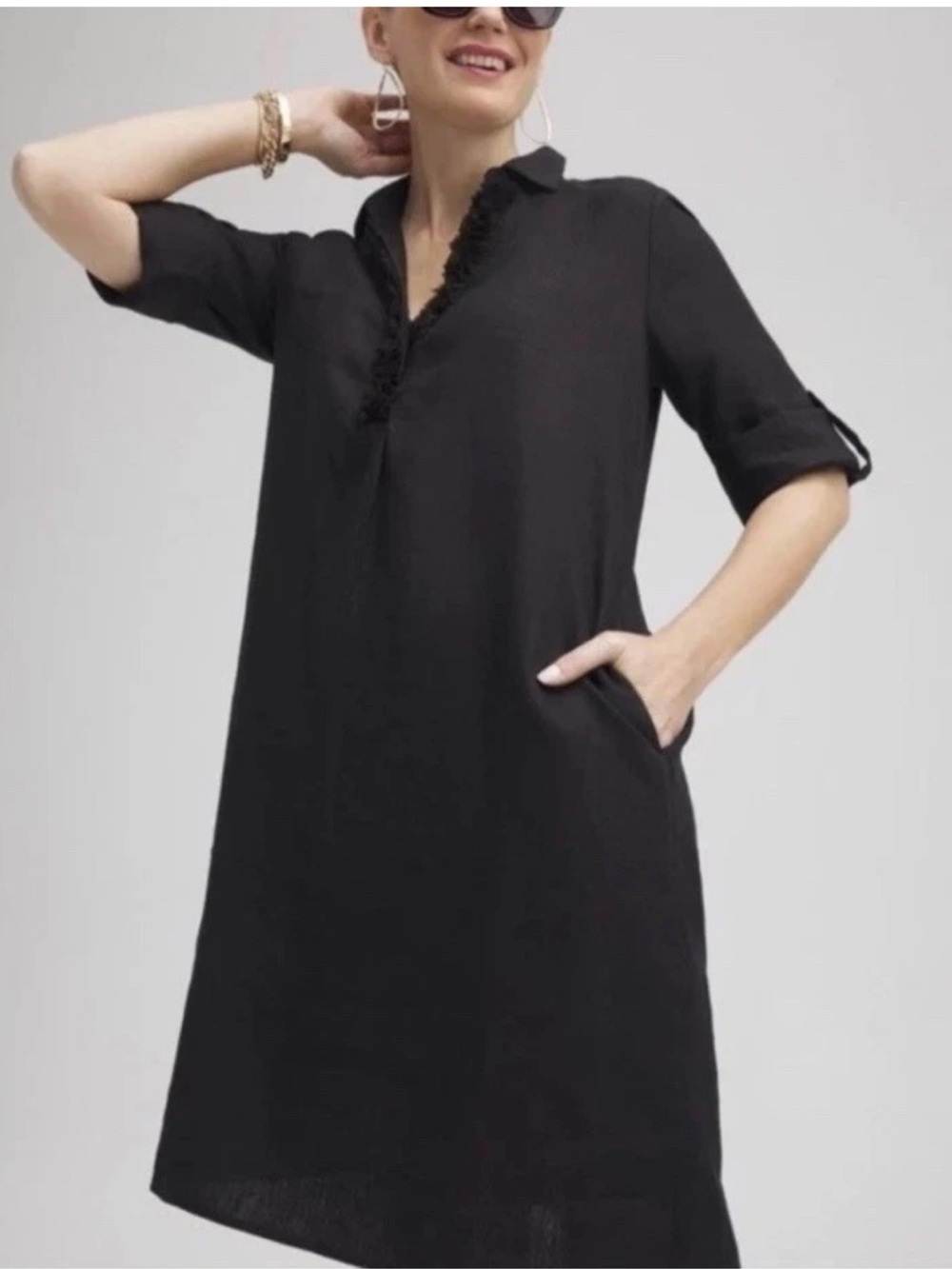 Chico's Women’s 100% Linen 3D Floral  Black Dress Size 1